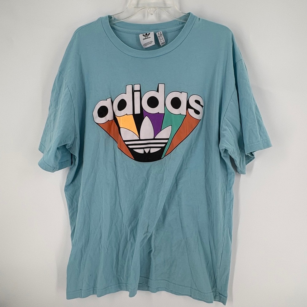 Adidas Womens XL Blue T Shirt Colorful Logo Short Sleeve Casual‎ Top